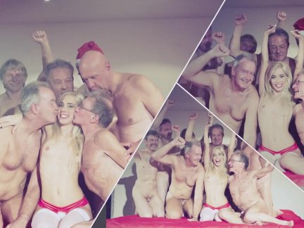 Orgy for Christmas sexy girl Nesty gangbang fuck with 8 old men