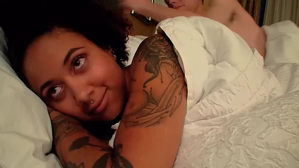 Juicy black sister shared bed with white stepbrother