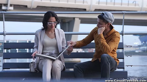 Nerdy brunette in glasses Angelina Jolie hooks up with one stranger dude