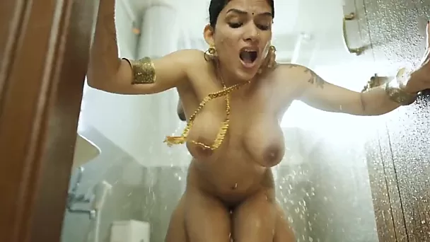 Busty indian milf gets fucked in the shower with passion and takes cum on her face