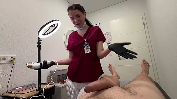 Russian MILF gives her client nice blow and handjobs after lasering his balls